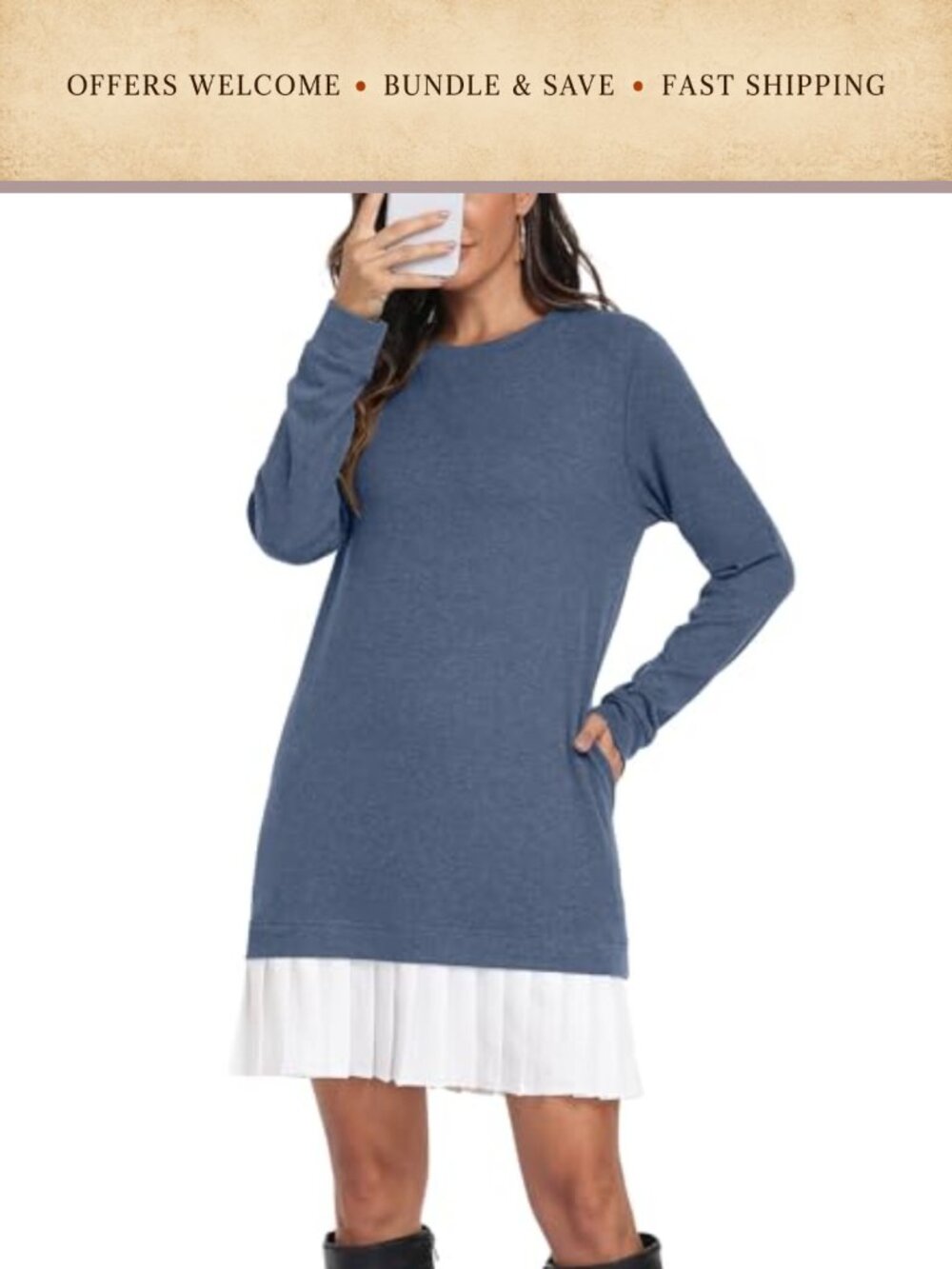 PrinStory Womens Long Sleeve Casual Mini Dress Tunic Top Pleated Pockets